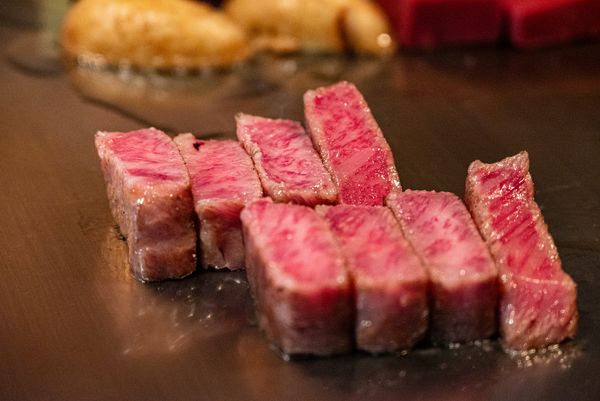 A sliced Wagyu steak up close